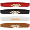 Waist Belt Elastic Slim Decorative Stretchy Quick Release Tight Waist Black Golden Plated Leaf Buckle Women Dress Waistband Jeans Belt Cologo. 