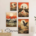 Arts, home decoration, pattern, crown, crane, ink, wind, Japanese nature, landscape, watercolor painting, poster, mountain grid, canvas painting, wall art. 