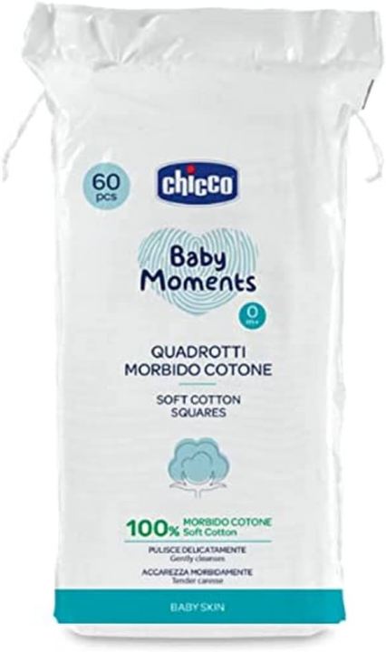 Chicco Baby Moments Cotton Square (White, 60 Pieces)