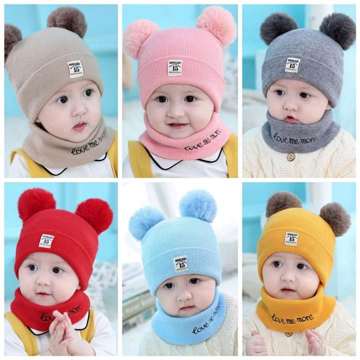 Baby Hat Scarf Set Toddler Girls Boys Winter Pom Pom Cap Neck