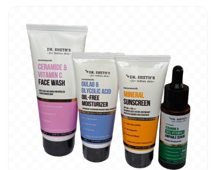 Dr.Sheths Cedamide face Wash,Gulab & Glycolic Acid Oil free moisturiser .Mineral Sunscreen SPF 50 and Ceramide Face serum Pack Of 4 (100+50+50+30)ml0
