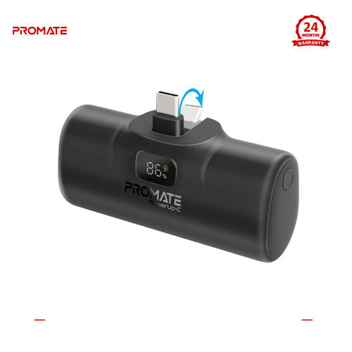 Promate POWERUP-C, Power Bank with Built-In USB-C Connector, Premium 5000mAh Mini Capsule Fast Charging, 20W USB-C Power Delivery, LED Display and Foldable Kickstand