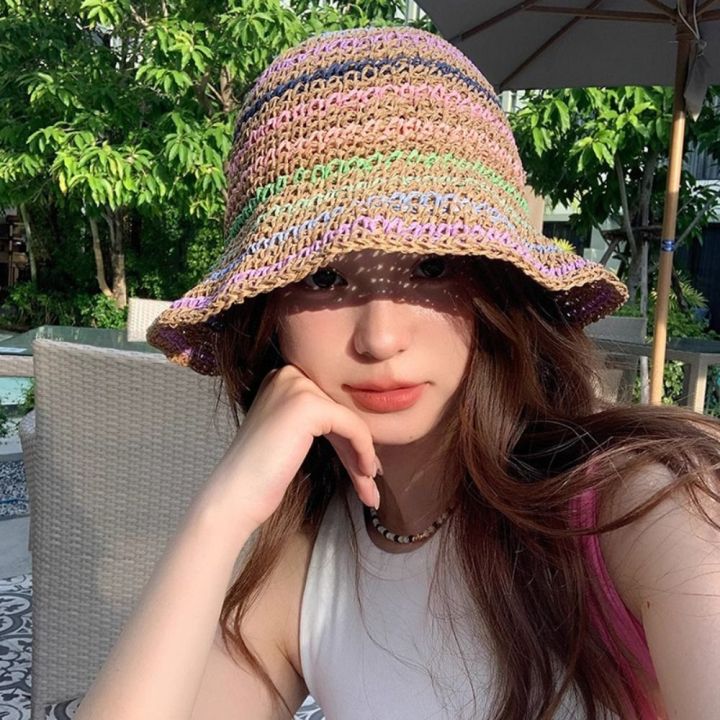 Fashion Summer Beach Straw Cap Women's Striped Rainbow Sun hat Handmade Wide Brimmed Bucket Hat Girls