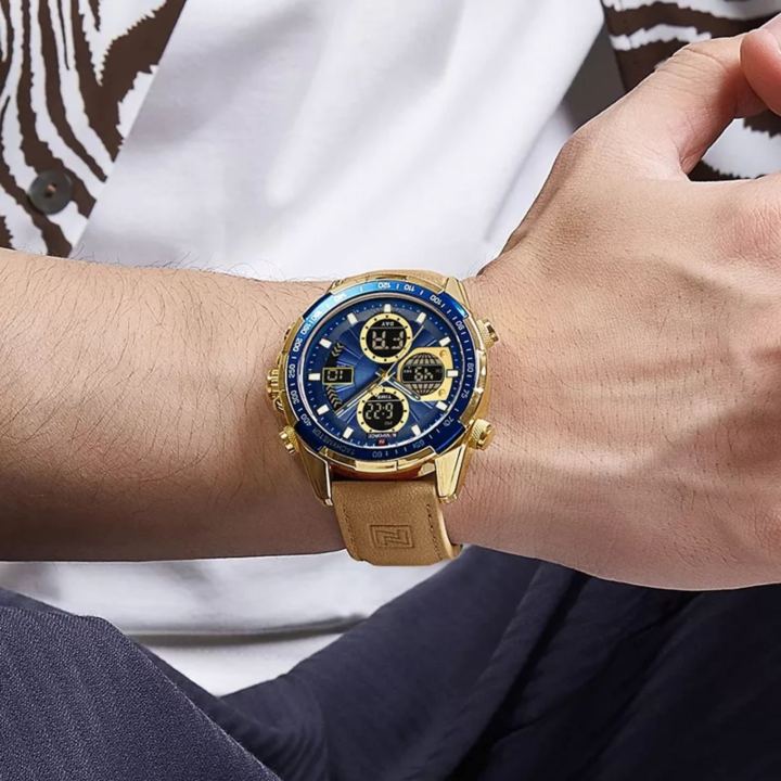 NAVIFORCE%20NF9197%20Men's%20Business%20Day%20Date%20Function%20Analog%20Digital%20%20Leather%20Strap%20%20Wristwatch%20-%20Blue/Golden%20-%20Image%205