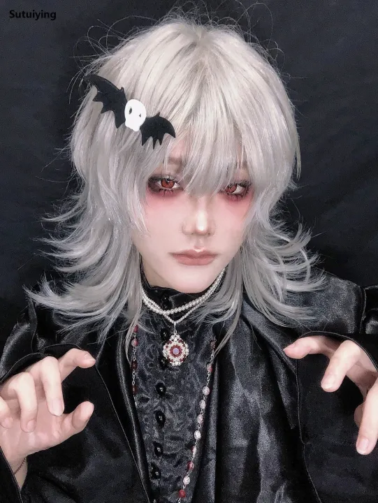 Sutuiying%2016Inch%20Silver%20White%20Color%20Handsome%20Synthetic%20Wig%20With%20Bang%20Medium%20New%20style%20Natural%20Wavy%20Hair%20Wig%20for%20Man%20or%20Women%20Cosplay%20Heat%20Resistant%20-%20Image%204