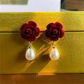 red Vintage earrings Delicate Fashionable design earrings Water drop shape Elegant Rose flower earrings for Party Wedding Casual wear Gift for women Fashion accessory. 