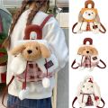 Cute Cartoon Plush Dog Backpack Kawaii Checkered Pattern Handbag Lightweight School Bag Girls. 