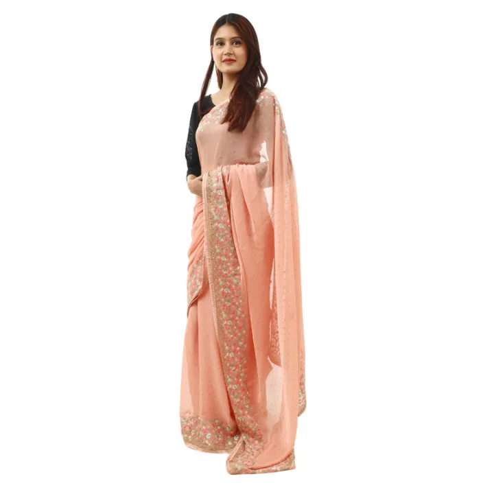Peach%20Chiffon%20Floral%20Embroidered%20Saree%20For%20Women%20-%20Image%203