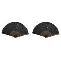 2X Black Plastic Frame Embroidery Floral Detail Folding Hand Fan. 