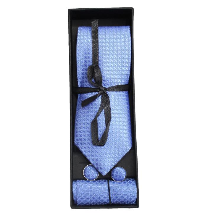 Light Blue Patterned Neck Tie With Cufflinks And Pocket Square For Men