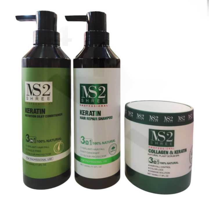 MS2 Professional Collagen & Keratin 3-in-1 Hair Spa - 100% Natural Shampoo, Conditioner & Treatment Cream for Hair Fall Control, Color Lock & Damage Repair