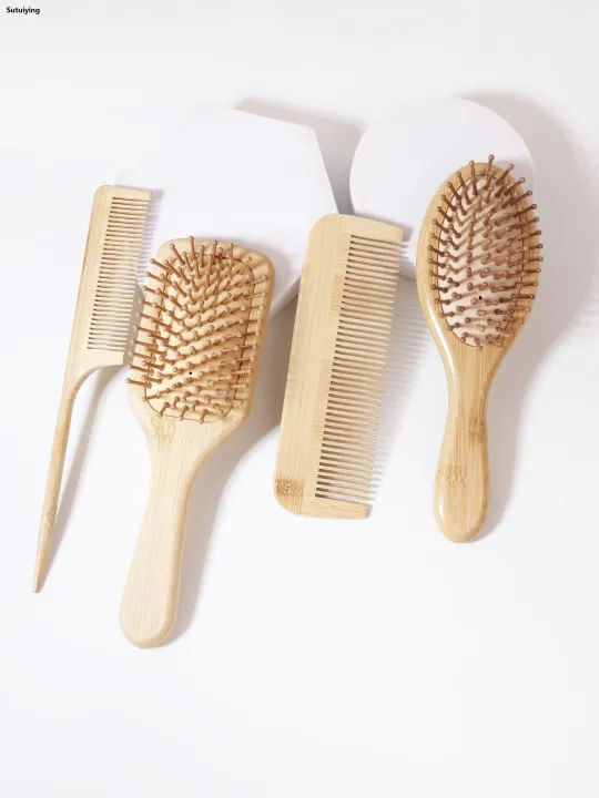 Sutuiying%204PCS%20natural%20bamboo%20and%20wood%20comb,%20anti-static,%20pointed%20tail%20comb,%20Fifty%20percent%20discount%20oval%20square%20scalp%20massage%20brush,%20dry%20and%20wet%20dual-purpose%20-%20Image%205