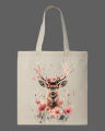 Floral Deer Printed Tote Bag – Aesthetic Nature Design– Eco-Friendly Cotton Shoulder Shopping Bag-White, Black. 
