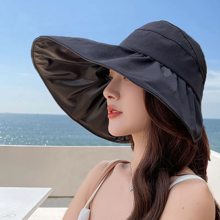 Fold Summer Solid Beach Hat Wide Brim Open Top Sun Hat Women Anti - Main Image