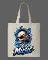 "Music" Blue Flame Skull with Headphones Graphic Printed Tote Bag– Eco-Friendly Cotton Shoulder Shopping Bag-White, Black. 