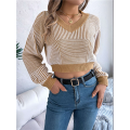 Women'S Cropped Sweater V-Neck Long Sleeve Crop Sweater Pullover Jumper Knit Top Khaki XL. 