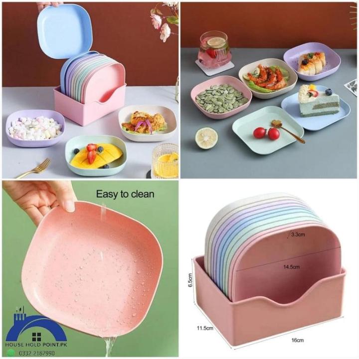 Colorful Square Plastic Snacks Plate With Stand -Set of 10