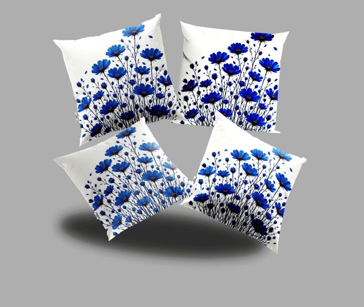 Set of 4 Blue Floral Printed Cushions with Filling – Set of 4