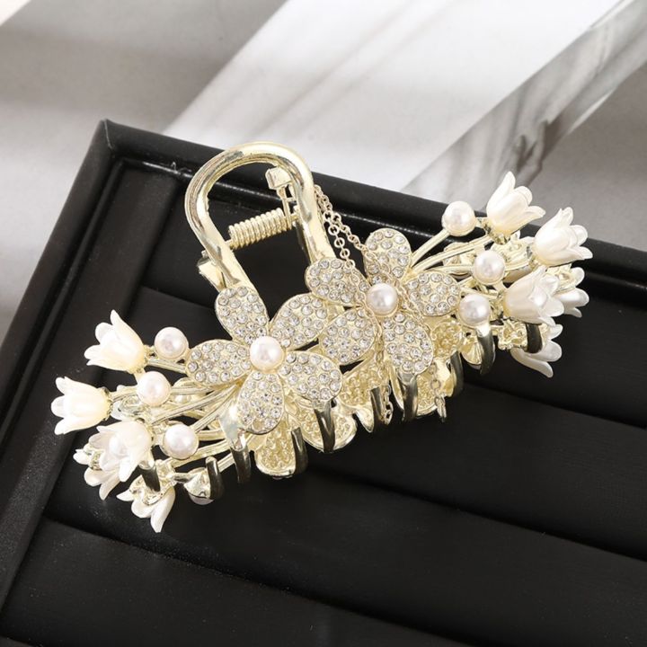 New Elegant Diamond Flower Hair Clip Gold Geometric Metal Hair Claw Pearl Hair Clutcher For Women Hairpin Hair Accessories