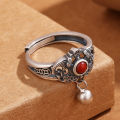 Vintage plated S990 Thai silver copper coin southern red agate ring women's openwork pattern water drop national tide live mouth index finger hand ornament. 