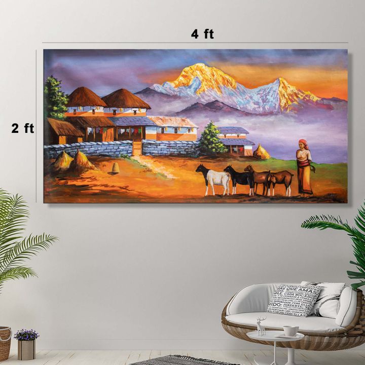 Paper or foam board | Not wrapped in wood frame inches X 48 inches | Quality 24 | Extra large single panel landscape village morning sunrise glowing mountain artwork matte canvas cotton print | High quality inches | Tightly