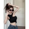 Chain Cut Out Crop Top Women Summer Y2K Clothes Solid Black Asymmetrical Neck Sleeveless Tank Top Streetwear High Street. 