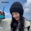 Wenefang orean ersion of ertal thread bright silk rabbit hair hat, solid color, thiened warm knit hat for autumn and winter, with a large head circumference and cold hat. 