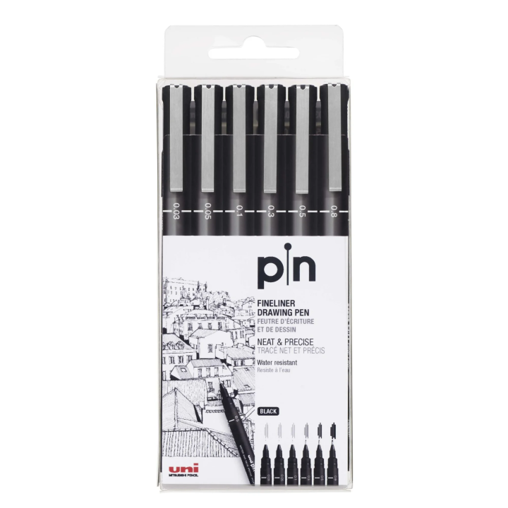 Unipen Colour Uni Pin Fineliner Drawing Pen Pack of 6 - Pigment Waterproof Ink ...