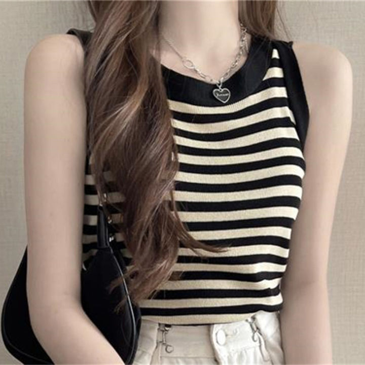 Summer%20Korean%20Stripe%20Knitted%20Tank%20Top%20Women%20Round%20Neck%20Sleeveless%20Slim%20Camisole%20Cuilei%20-%20Image%203