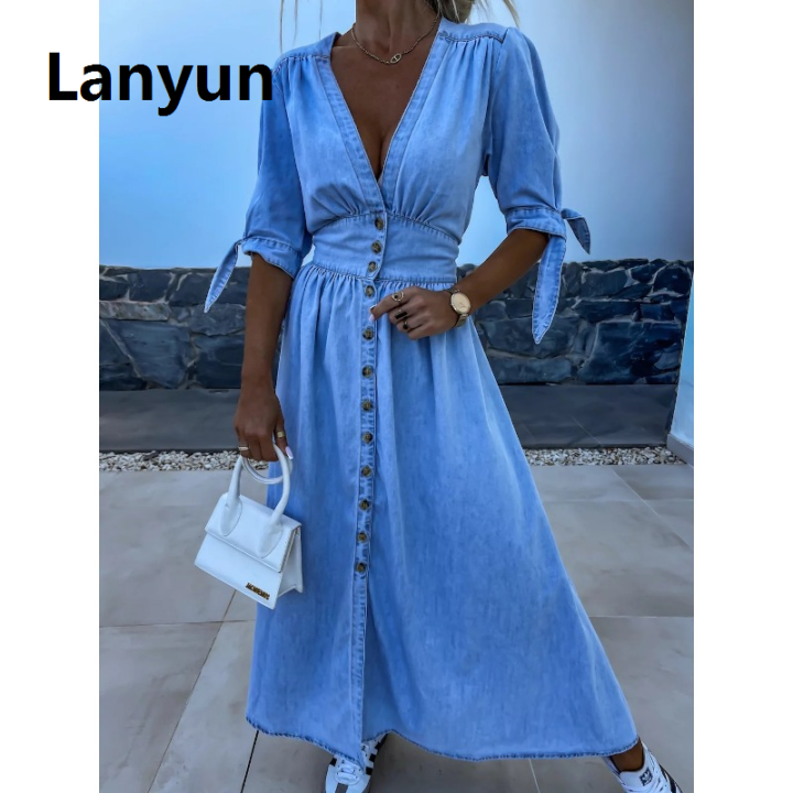 Lanyun%20Spring%20Summer%20New%20Women's%20Clothing%20Solid%20Color%20Fashion%20Bargain%20price%20V-neck%20Long%20Single-Breasted%20Denim%20Dress%20-%20Image%206