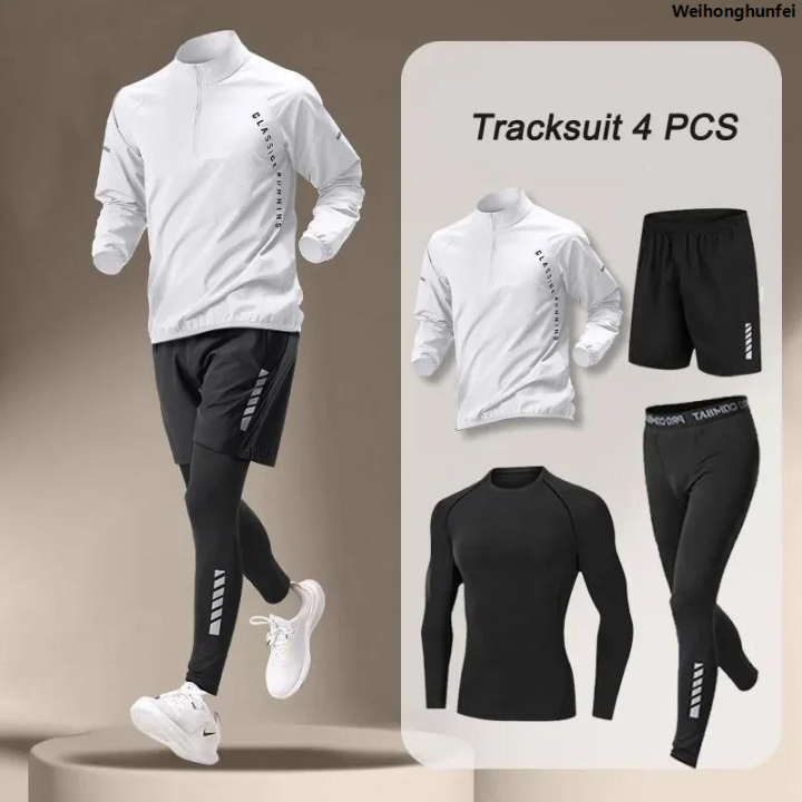 WeihonghunfeiFifty percent discount Sport 1-5 PCS Sets Workout Men's Quick Dry Jacket Suit Fitness Running Sets Sports Jogging Pants Workout Sportswear Track Suit