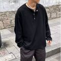 Spring and Autumn Henry collar long-sleeved T-shirt men's fashion brand loose casual American retro fashion button pullover sweater. 