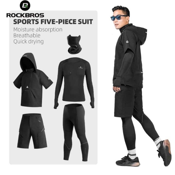 ROCKBROS Men's Tracksuit Gym Fitness Compression Sports Suit Clothes Running Jogging Sportwear Exercise Workout Tights 5 Pcs/Set