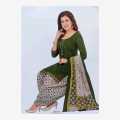 Dark Green Color Printed Design Round Neck Quarter Sleeves Unstitched Kurtha, Suruwal With Matching Shawl For Women. 