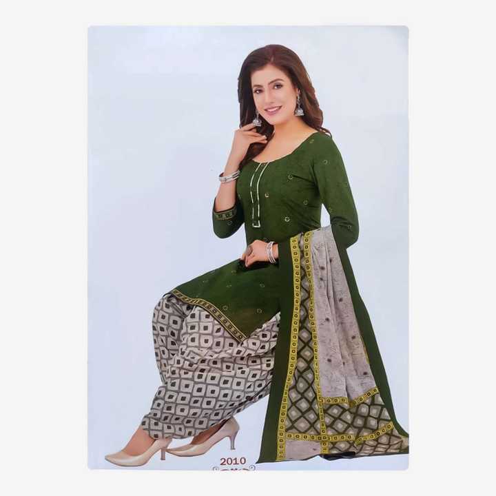 Dark Green Color Printed Design Round Neck Quarter Sleeves Unstitched Kurtha, Suruwal With Matching Shawl For Women