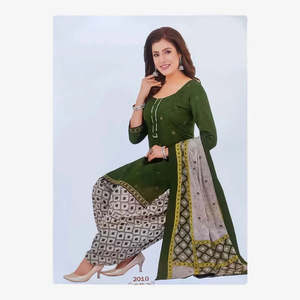 Dark Green Color Printed Design Round Neck Quarter Sleeves Unstitched Kurtha Suruwal With Matching Shawl For Women Daraz .np