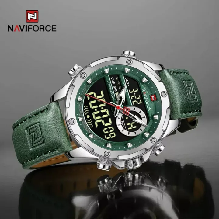 NaviForce%20NF9208%20Men's%20Dual%20Display%20LCD%20Leather%20Strap%20Complete%20Calendar%20Wristwatch%20-Silver/Green%20-%20Image%205