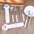 Portable Camping Spoon Set Cat's Paw Cartoon Stainless Steel Spoon Fork Chopsticks Tableware Student Outdoor Kitchen Accessories. 