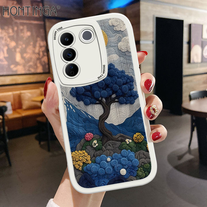 Hontinga for Vivo V27E Back Cover PU Leather Sun and Trees Phone Case Soft Silicone Edge Mobile Cover