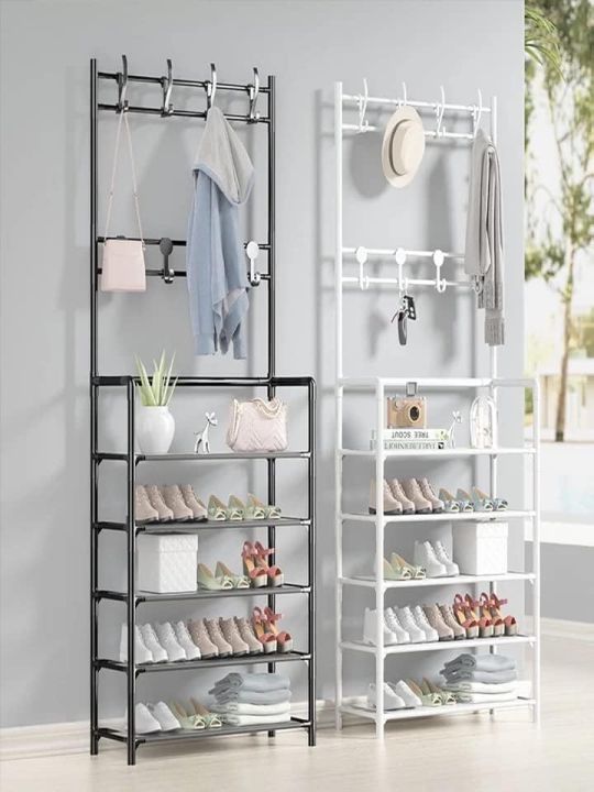 Multifunctional Shoe Rack Organizer Coat & Hat Rack 4 -Tier And 8 Hooks-White
