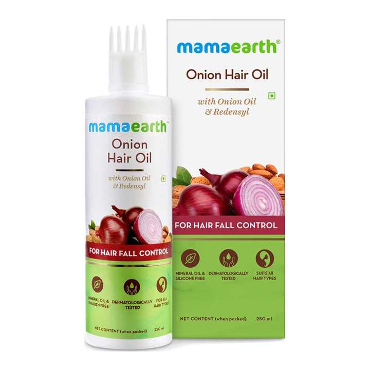 MAMAEARTH Onion Hair Oil  Contains Onion Oil & Redensyl  For Hair Fall Control  Mineral Oil & Silicone Free  For All Hair Types - 250 ml