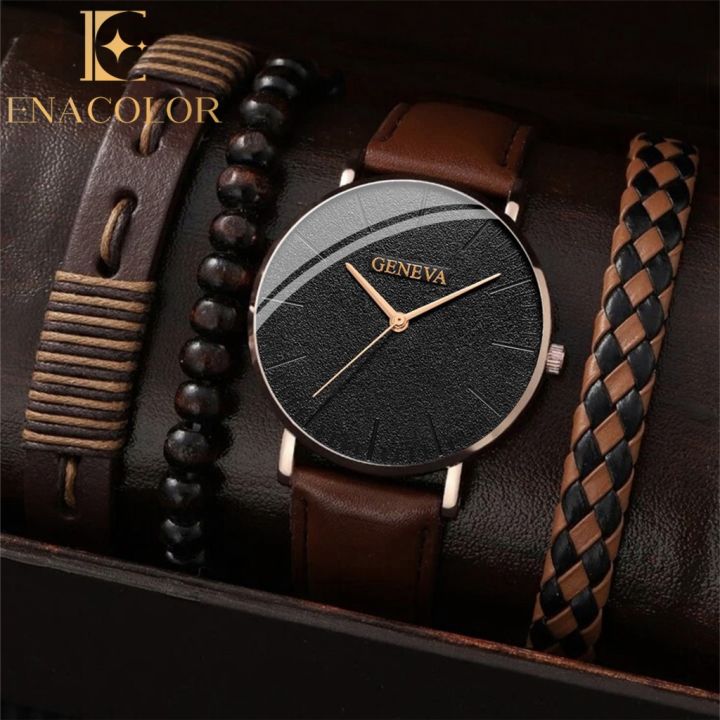 Enacolor 4Pcs/Set New Male Leather Bracelet Bangles Bracelet Watches Set Fashion Casual Accessories Men Birthday Gift