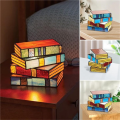3PCS Stained Glass Stacked Books Lamp Vintage Handcrafted Glass Nightstand Desk Book Lamps Multicolor. 