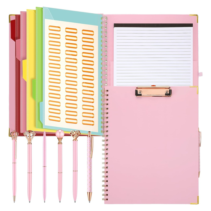 ARELENE Refillable Notepad Ballpoint Pen Set,5Dividers with 10 Storage Pockets Clipboard Binder Crystal Diamond Pen for School B