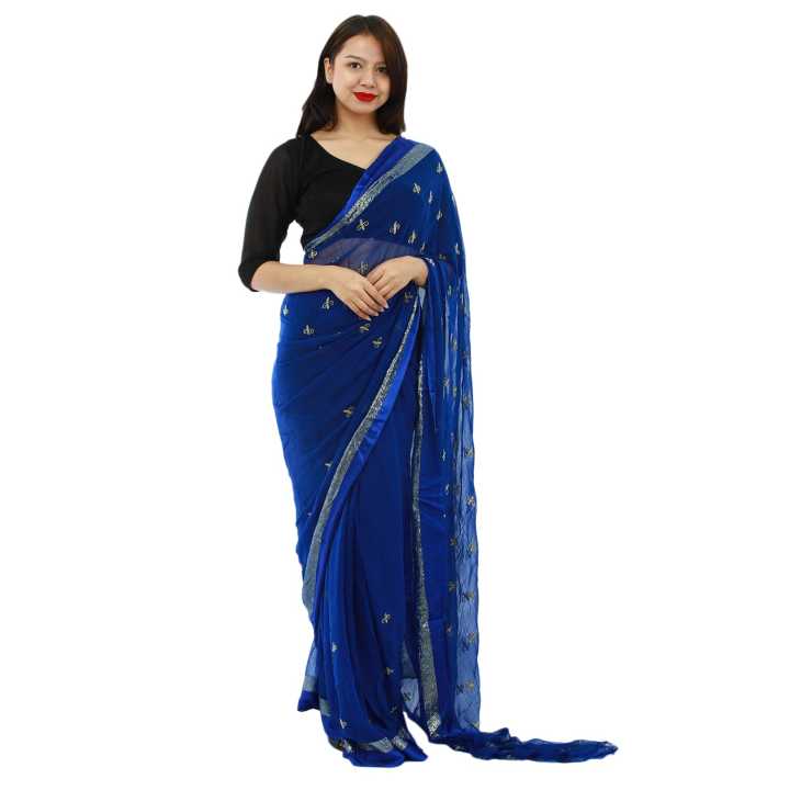 Shimmer solid saree with embellished border & contrast floral embroidered blouse.