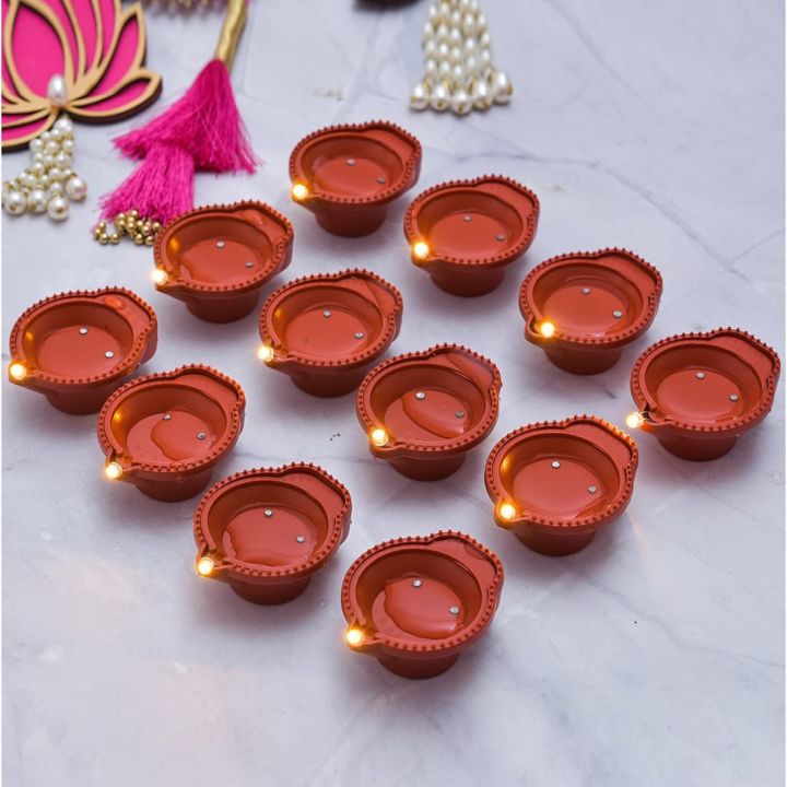 Water Sensor Magic Diya - Set of 8 - LED Lights Electric Diya For Decorations | Golden Colored Lights |