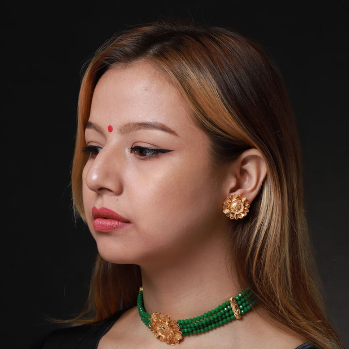 Golden%20Gold%20Plated%20Green%20Moti%20Design%20Choker%20Set%20For%20Women%20-%20Image%205