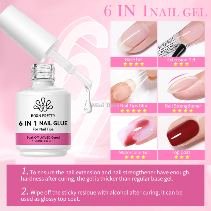Mini Born BORN PRETTY 6 IN 1 Nail Glue Gel 15ML for Acrylic Nails Soak off Base Gel Top Coat UV Extension Nail Gel False Nail Tips Gel