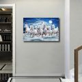 Single Panel Seven White Horse Running On Bluish Water In Morning Matte Canvas Cotton Print. 