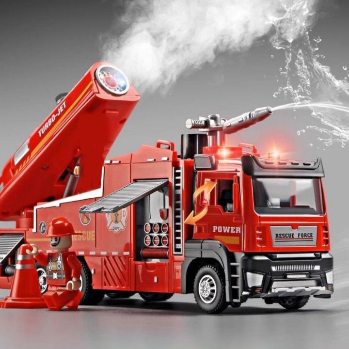 Realistic 1:32 Scale Fire Truck Model With Sound Light Pull-Back Function Water Spray Fire Rescue Toy Interactive Toy Engineering Vehicle Kids Toy